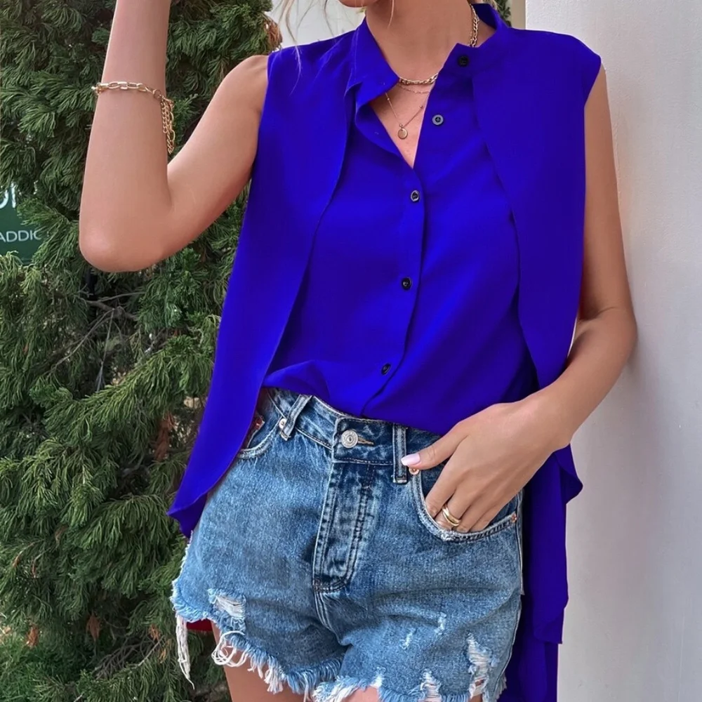 Boho Red Button up Layered Sleeveless Top Work Office - Picture 5 of 8